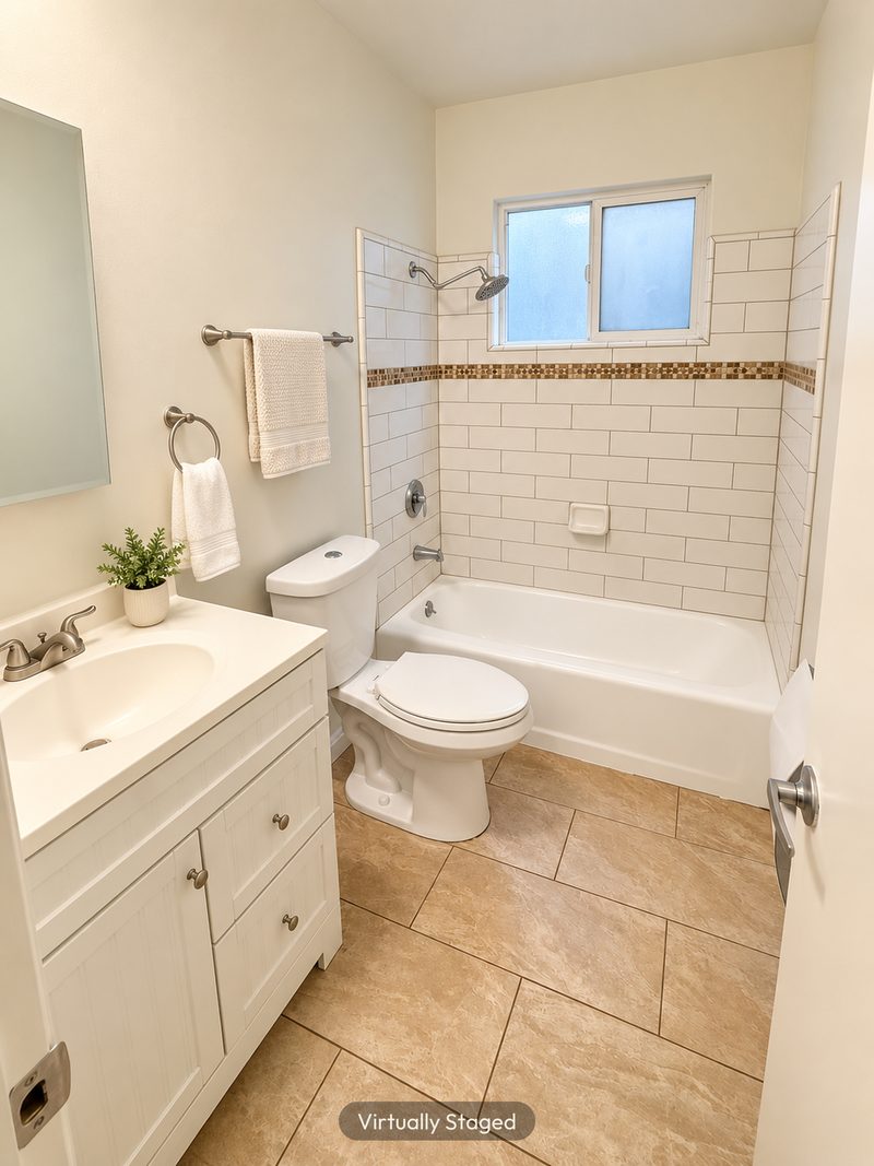 Unit C bathroom with tub, virtually staged