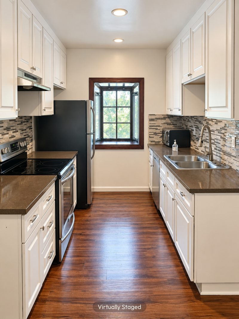 Unit E kitchen toward the window, virtually staged