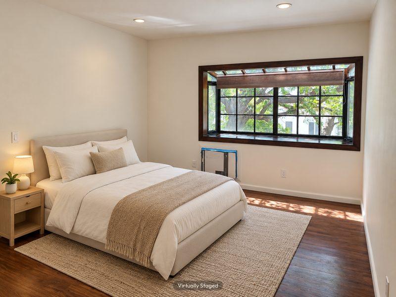 Unit E bedroom, virtually staged